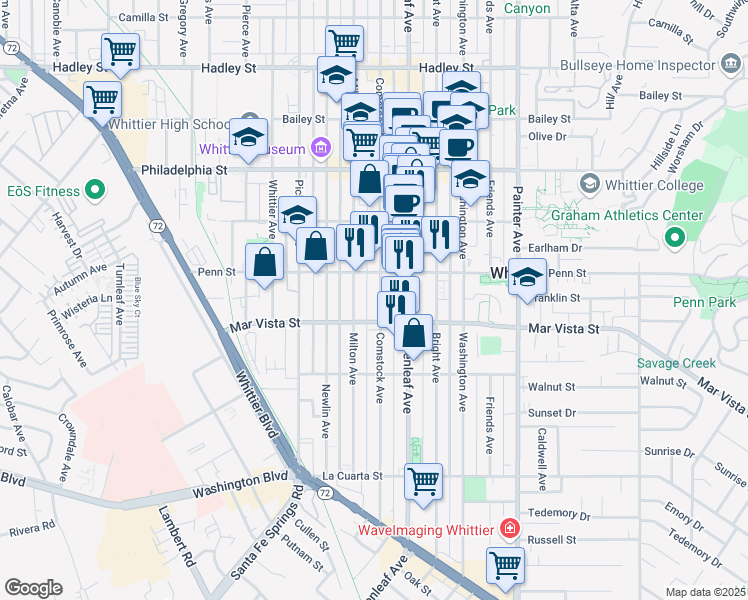 map of restaurants, bars, coffee shops, grocery stores, and more near 7333 Comstock Avenue in Whittier