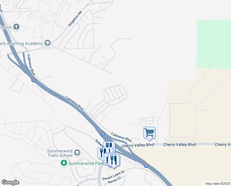 map of restaurants, bars, coffee shops, grocery stores, and more near 10320 Calimesa Boulevard in Calimesa