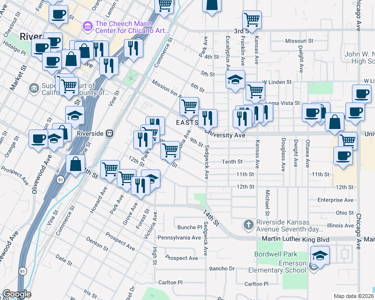 map of restaurants, bars, coffee shops, grocery stores, and more near 2628 9th Street in Riverside