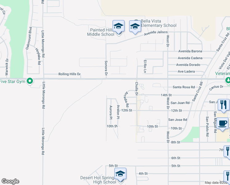 map of restaurants, bars, coffee shops, grocery stores, and more near Cholla Drive in Desert Hot Springs