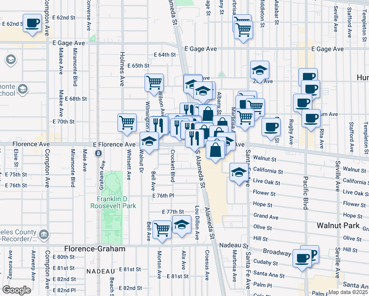 map of restaurants, bars, coffee shops, grocery stores, and more near 2030 East Florence Avenue in Los Angeles