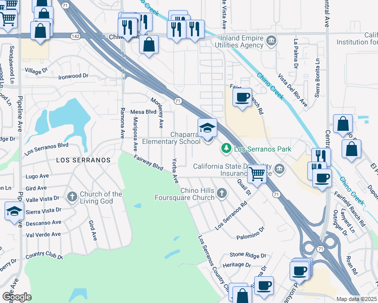 map of restaurants, bars, coffee shops, grocery stores, and more near 15315 Murray Avenue in Chino Hills