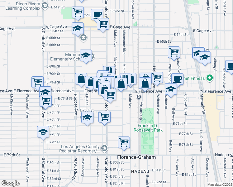 map of restaurants, bars, coffee shops, grocery stores, and more near 7125 Makee Avenue in Los Angeles