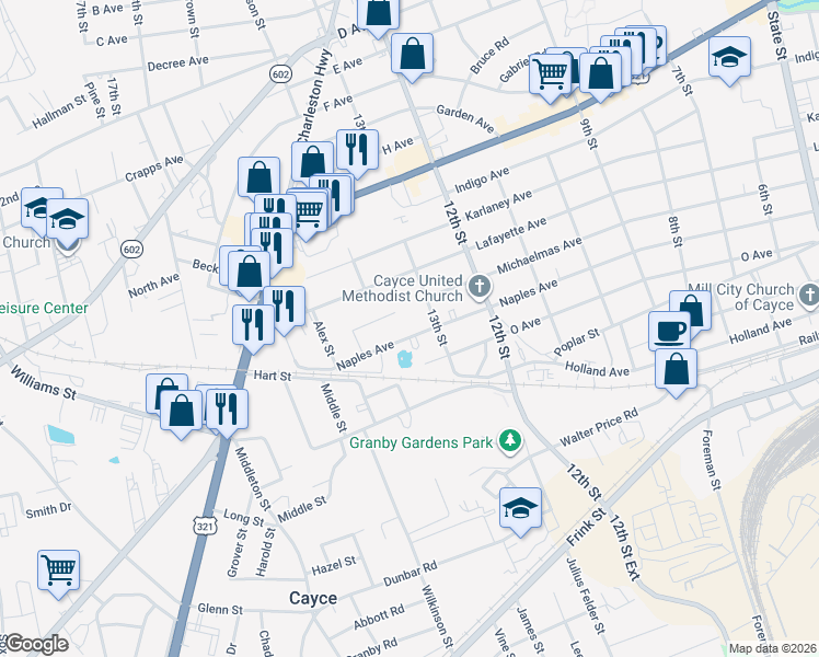 map of restaurants, bars, coffee shops, grocery stores, and more near 1345 Michaelmas Avenue in West Columbia