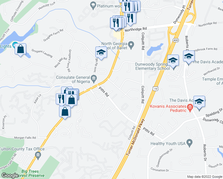 map of restaurants, bars, coffee shops, grocery stores, and more near 8111 Roswell Road Northeast in Sandy Springs