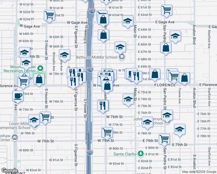 map of restaurants, bars, coffee shops, grocery stores, and more near 7108 South Broadway in Los Angeles