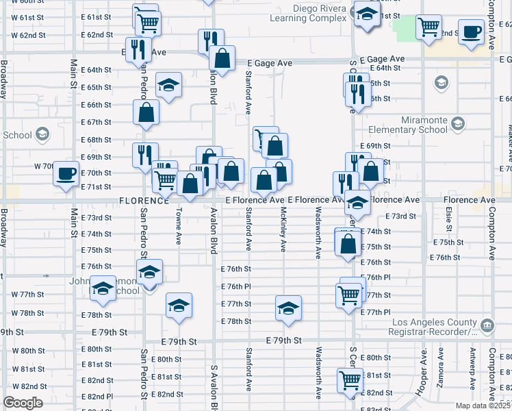 map of restaurants, bars, coffee shops, grocery stores, and more near 710 East Florence Avenue in Los Angeles