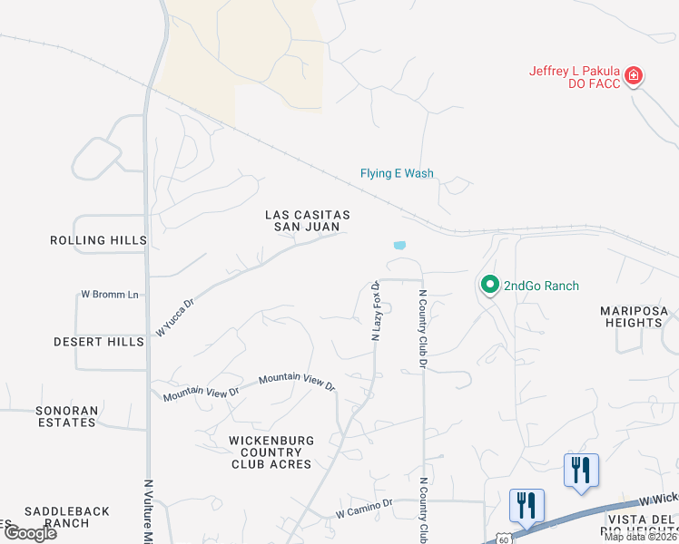 map of restaurants, bars, coffee shops, grocery stores, and more near 1590 Peach Drive in Wickenburg