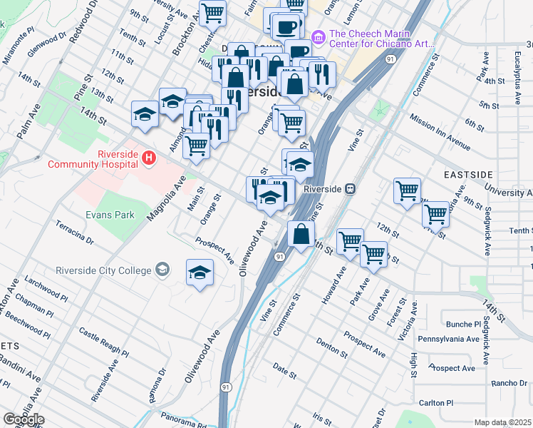 map of restaurants, bars, coffee shops, grocery stores, and more near 14th Street & Olivewood Avenue in Riverside