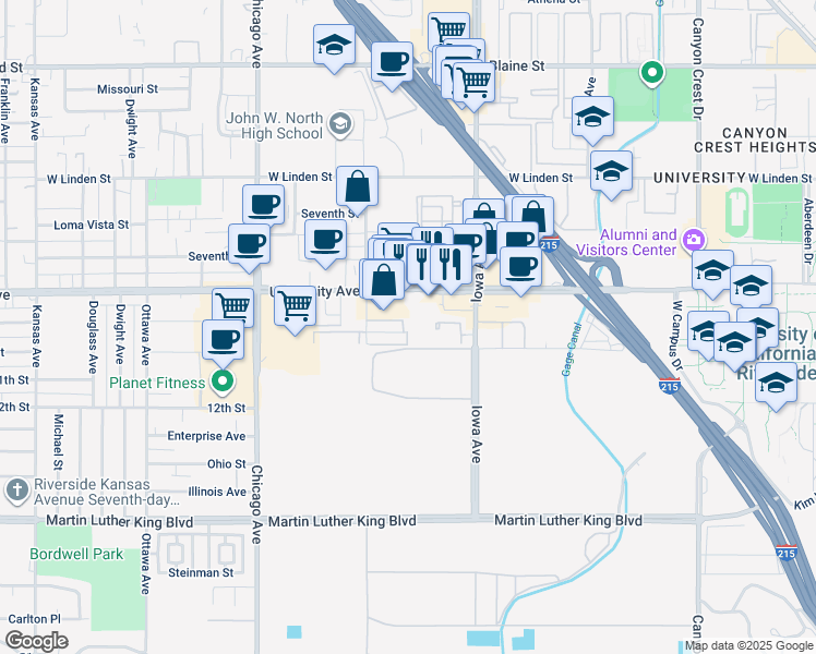 map of restaurants, bars, coffee shops, grocery stores, and more near 1415 Everton Place in Riverside