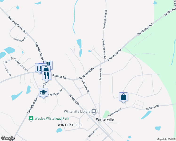map of restaurants, bars, coffee shops, grocery stores, and more near 129 Smithonia Road in Winterville