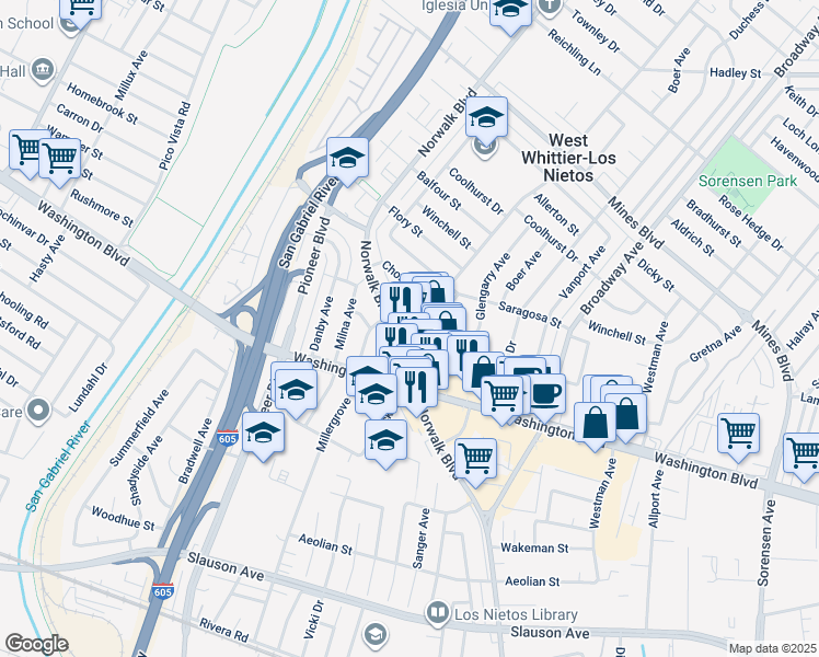 map of restaurants, bars, coffee shops, grocery stores, and more near 7718 Gerda Court in Whittier