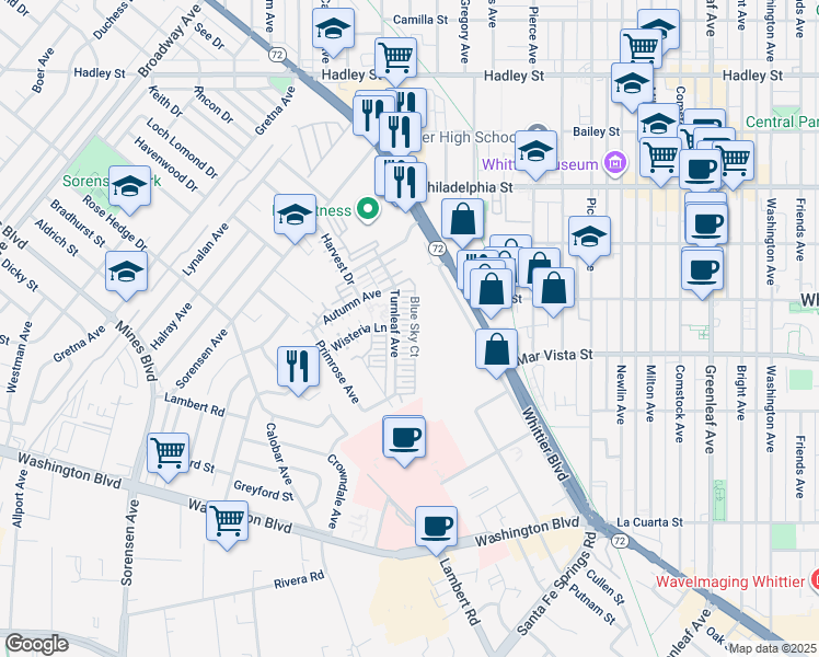 map of restaurants, bars, coffee shops, grocery stores, and more near 12234 Blue Sky Court in Whittier