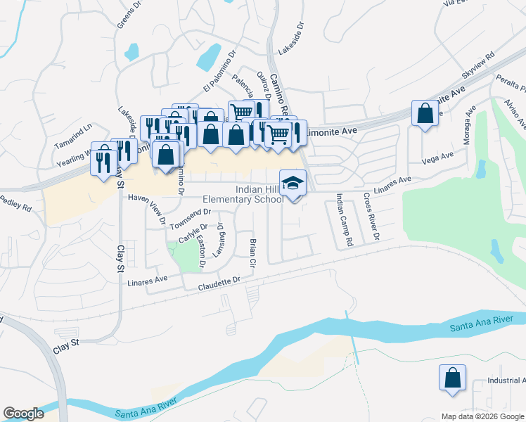 map of restaurants, bars, coffee shops, grocery stores, and more near 6230 Thunder Bay Trail in Riverside