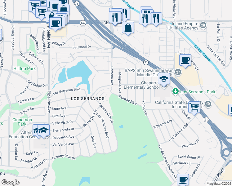 map of restaurants, bars, coffee shops, grocery stores, and more near 4503 Bird Farm Road in Chino Hills