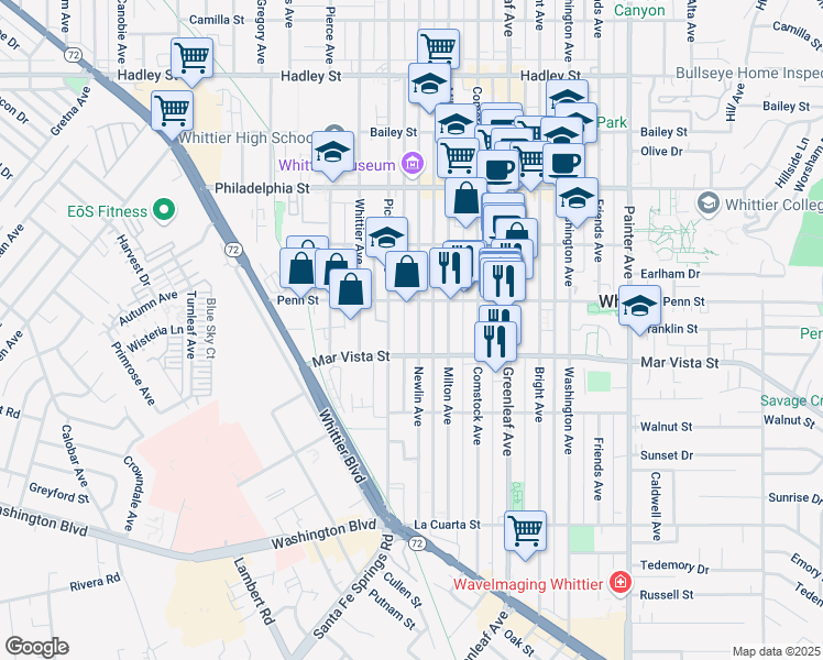 map of restaurants, bars, coffee shops, grocery stores, and more near 7319 Newlin Avenue in Whittier