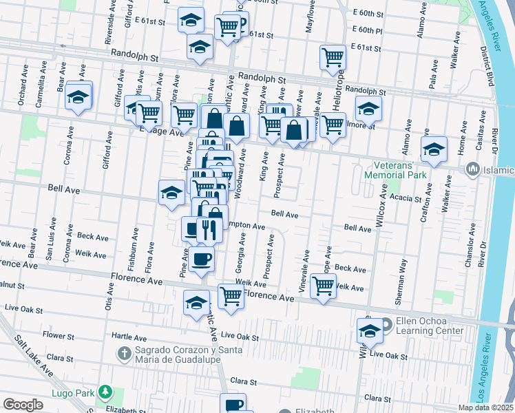 map of restaurants, bars, coffee shops, grocery stores, and more near 6637 King Avenue in Bell