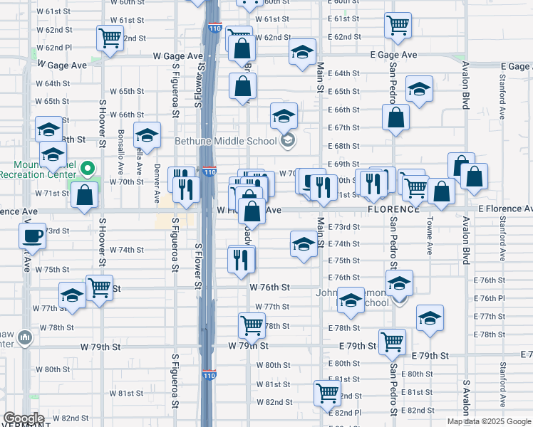 map of restaurants, bars, coffee shops, grocery stores, and more near 207 West Florence Avenue in Los Angeles