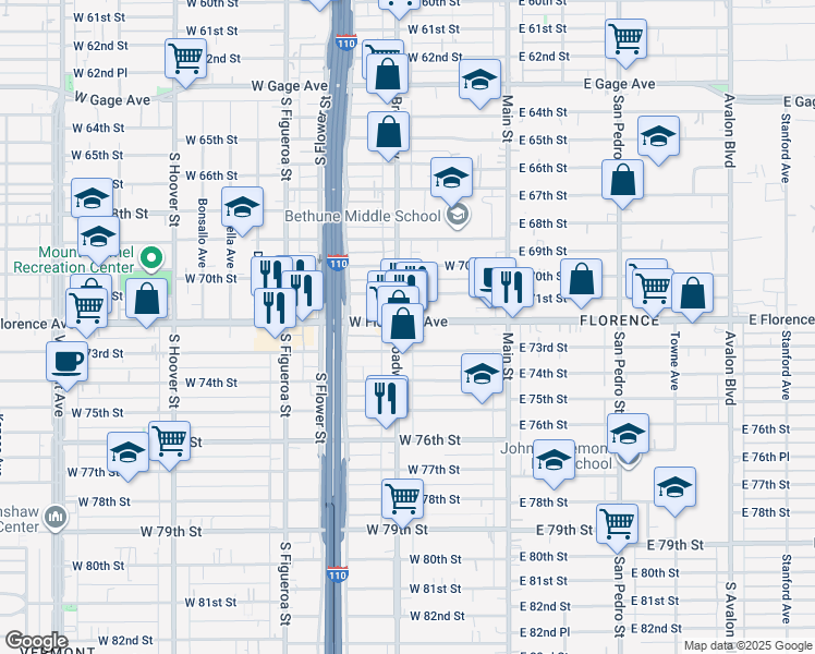 map of restaurants, bars, coffee shops, grocery stores, and more near 7108 South Broadway in Los Angeles