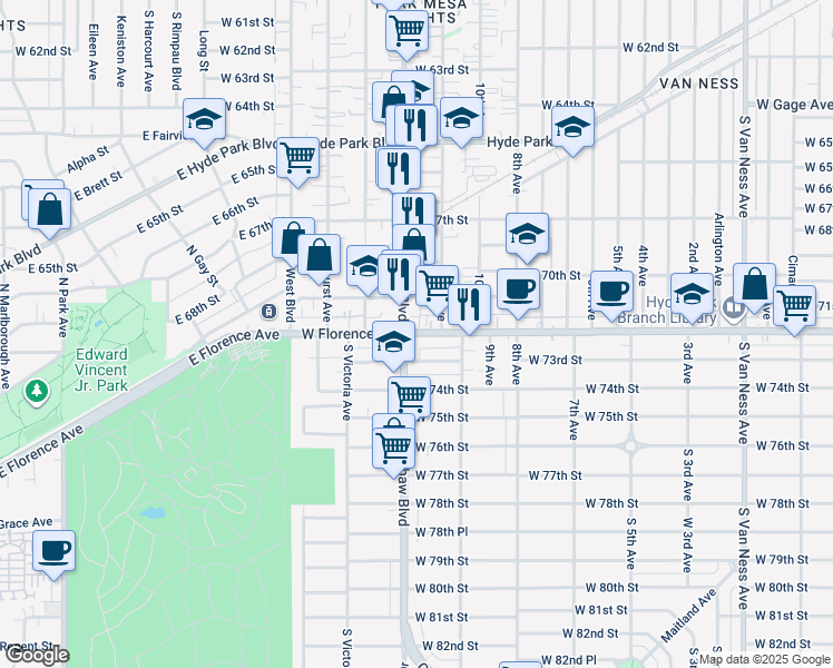map of restaurants, bars, coffee shops, grocery stores, and more near in Los Angeles