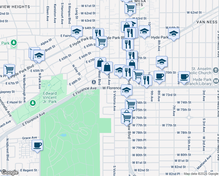 map of restaurants, bars, coffee shops, grocery stores, and more near 3519 West Florence Avenue in Los Angeles