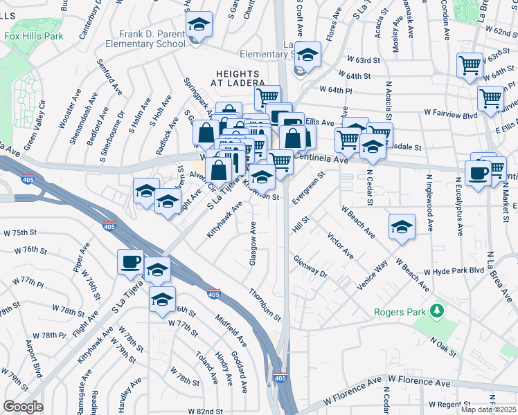 map of restaurants, bars, coffee shops, grocery stores, and more near 6921 Kittyhawk Avenue in Los Angeles