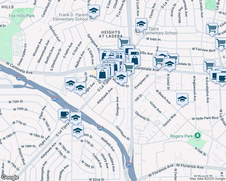 map of restaurants, bars, coffee shops, grocery stores, and more near 6921 Kittyhawk Avenue in Los Angeles