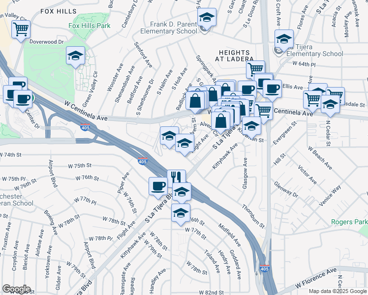 map of restaurants, bars, coffee shops, grocery stores, and more near 7100 Alvern Street in Los Angeles