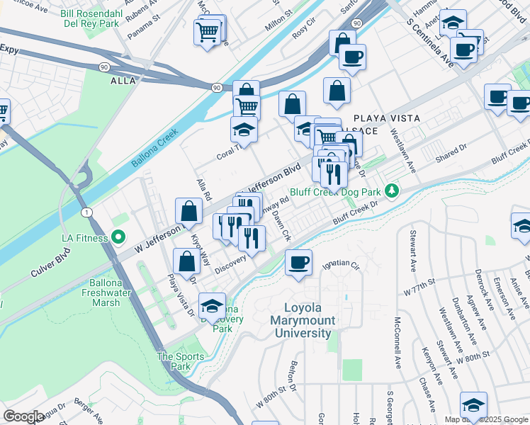 map of restaurants, bars, coffee shops, grocery stores, and more near 12895 West Runway Road in Los Angeles