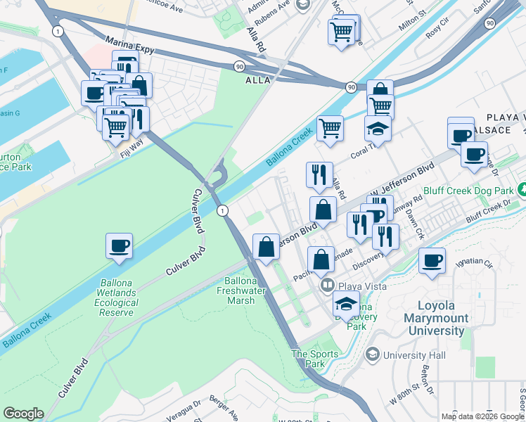 map of restaurants, bars, coffee shops, grocery stores, and more near 5399-E Playa Vista Drive in Los Angeles