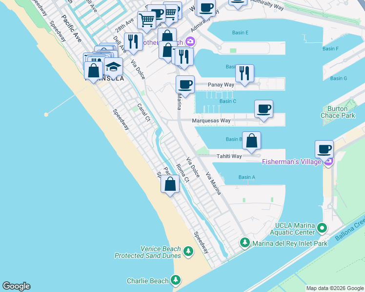 map of restaurants, bars, coffee shops, grocery stores, and more near 4051 Via Dolce in Marina del Rey