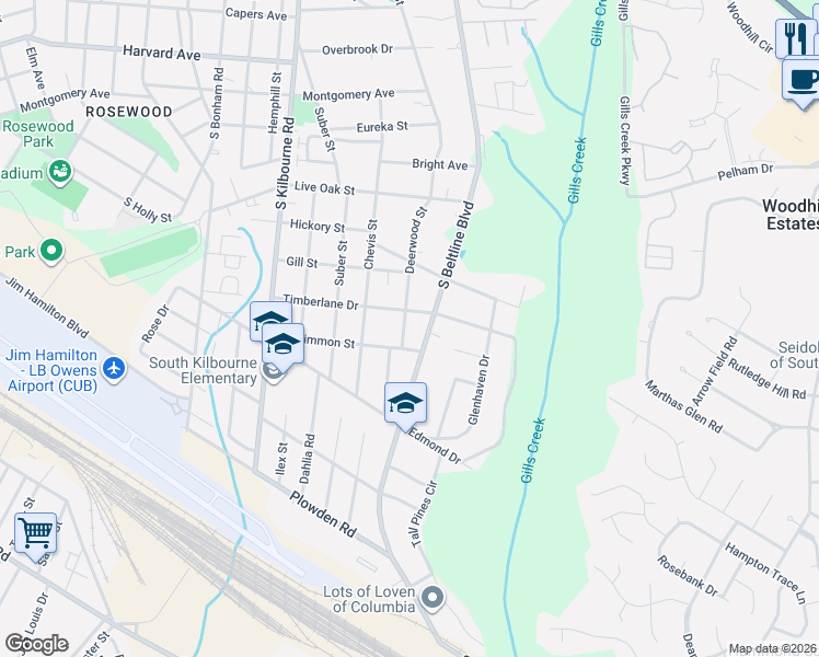 map of restaurants, bars, coffee shops, grocery stores, and more near 3928 Timberlane Drive in Columbia