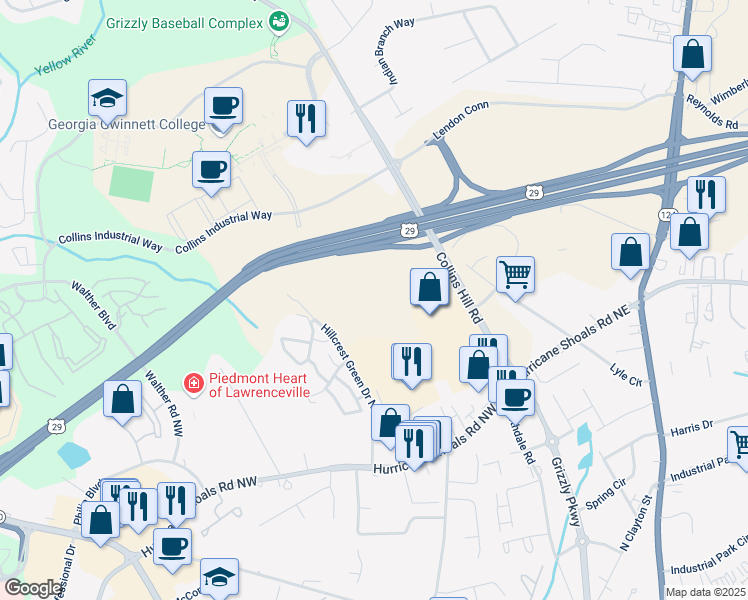 map of restaurants, bars, coffee shops, grocery stores, and more near 2305 University Parkway in Lawrenceville