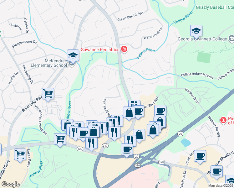 map of restaurants, bars, coffee shops, grocery stores, and more near 630 Dartmouth Court Northwest in Lawrenceville