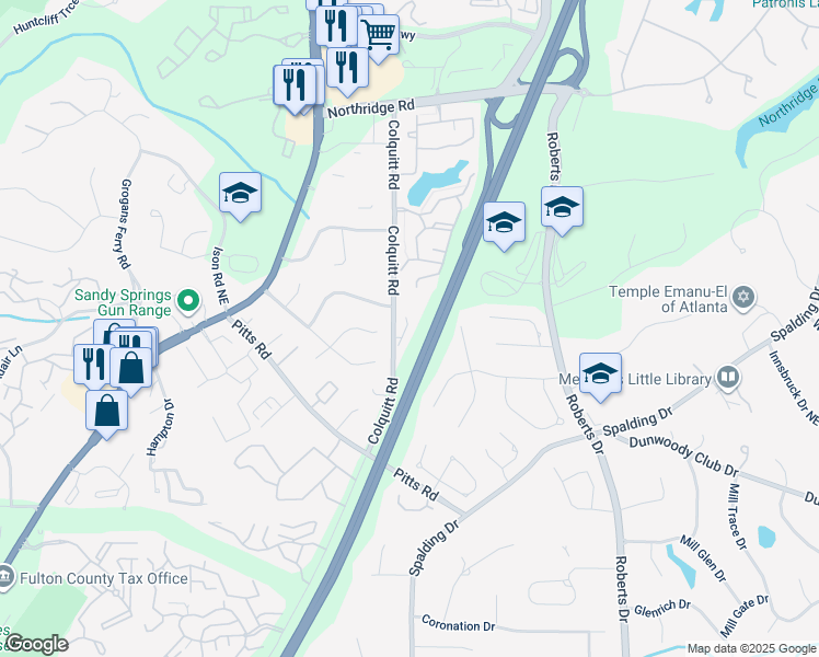 map of restaurants, bars, coffee shops, grocery stores, and more near 8165 Colquitt Road in Sandy Springs