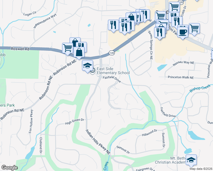 map of restaurants, bars, coffee shops, grocery stores, and more near 528 Audubon Drive in Marietta