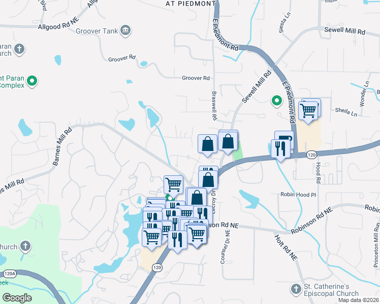 map of restaurants, bars, coffee shops, grocery stores, and more near 2134 Blaylock Drive in Marietta