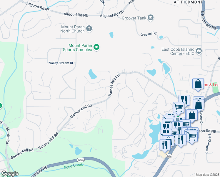 map of restaurants, bars, coffee shops, grocery stores, and more near 1712 Grist Mill Drive in Marietta