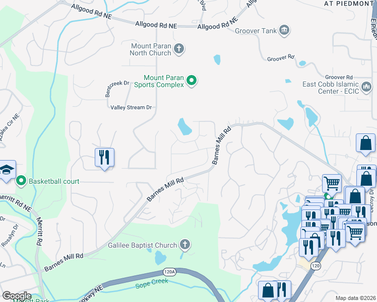 map of restaurants, bars, coffee shops, grocery stores, and more near 898 Edgewater Circle in Marietta