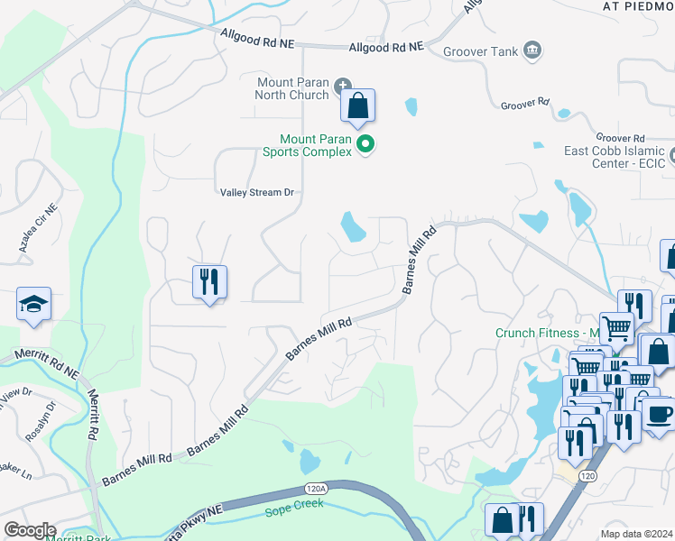 map of restaurants, bars, coffee shops, grocery stores, and more near 898 Edgewater Circle in Marietta
