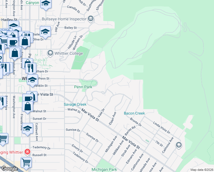 map of restaurants, bars, coffee shops, grocery stores, and more near 14001 Summit Drive in Whittier