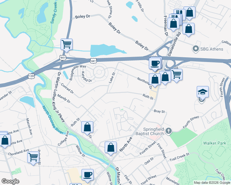 map of restaurants, bars, coffee shops, grocery stores, and more near 467 Ruth Street in Athens