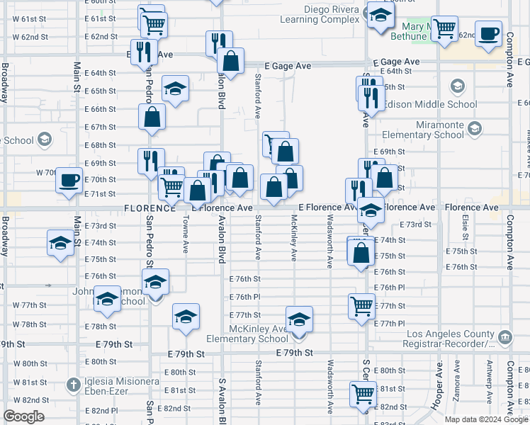 map of restaurants, bars, coffee shops, grocery stores, and more near 710 East Florence Avenue in Los Angeles