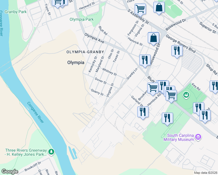 map of restaurants, bars, coffee shops, grocery stores, and more near 415 Virginia Street in Columbia