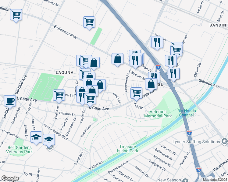 map of restaurants, bars, coffee shops, grocery stores, and more near 7003 Lanto Street in Commerce
