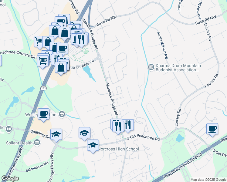 map of restaurants, bars, coffee shops, grocery stores, and more near 3529 Compass Rose Drive in Peachtree Corners