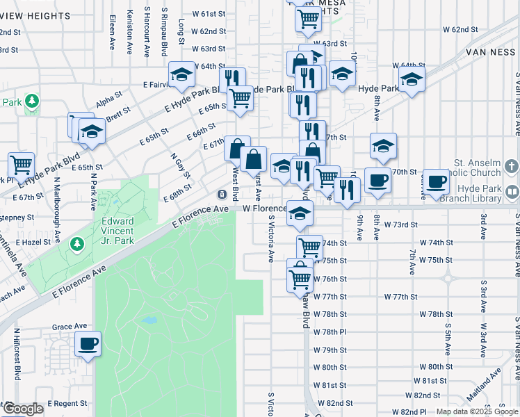 map of restaurants, bars, coffee shops, grocery stores, and more near 3519 West Florence Avenue in Los Angeles