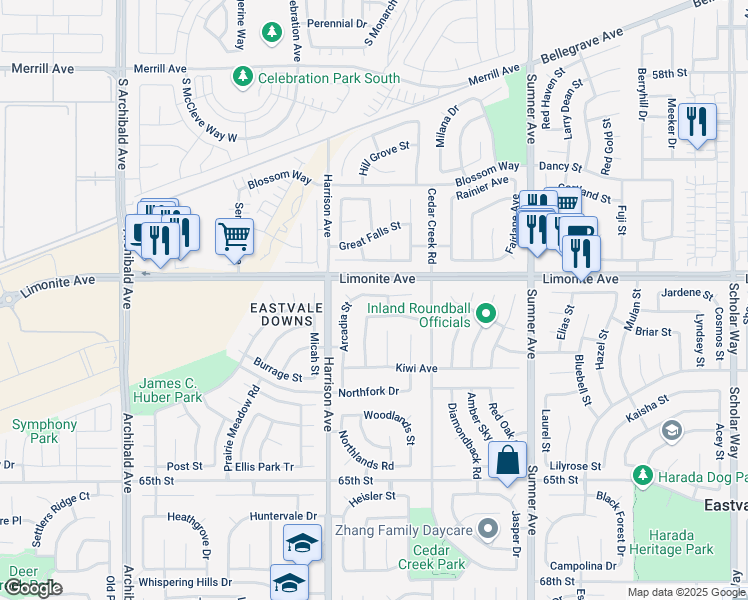 map of restaurants, bars, coffee shops, grocery stores, and more near 6274 Arcadia Street in Corona