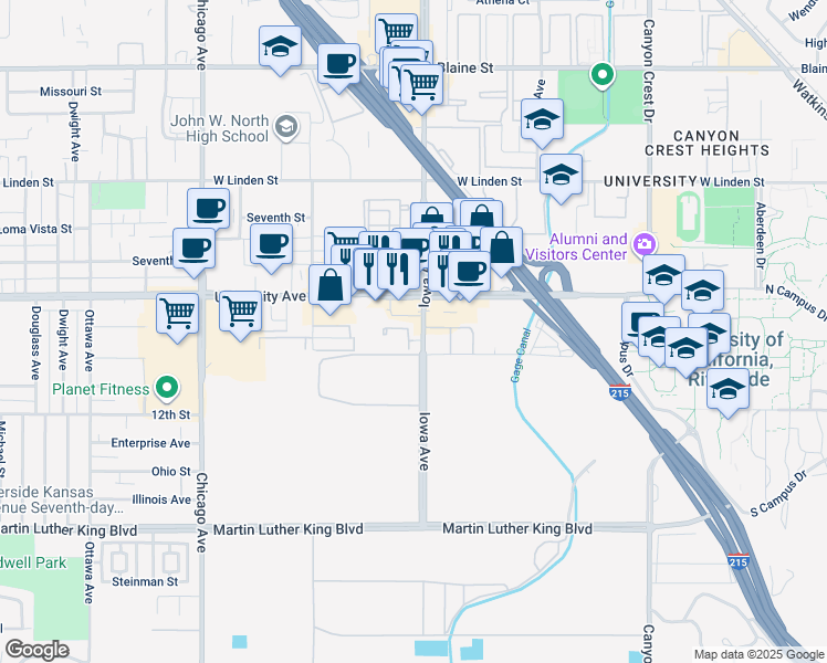 map of restaurants, bars, coffee shops, grocery stores, and more near 3993 Iowa Avenue in Riverside