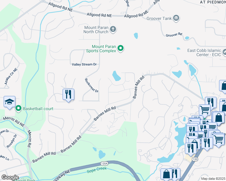 map of restaurants, bars, coffee shops, grocery stores, and more near 1565 Grist Mill Drive in Marietta